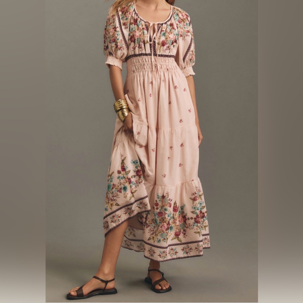 Anthropologie Somerset Blush Pink Floral Tiered Maxi Dress